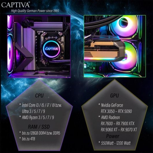 PC de bureau CAPTIVA 104001 AMD Ryzen 7 9850X3D 64GB 1TB SSD RTX 5080 Windows 11 Home RGB