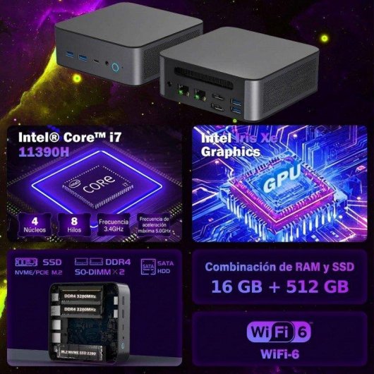 Mini PC Rolipo H90-11390H Intel Core i7 11390H 16GB 512GB SSD Iris Xe Windows 11 Pro Wi-Fi 6