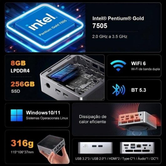 Mini PC Ninkear M6 Intel Pentium Gold 7505 8GB 256GB SSD UHD Graphics Windows 11 Pro Triple Pantalla WiFi 6