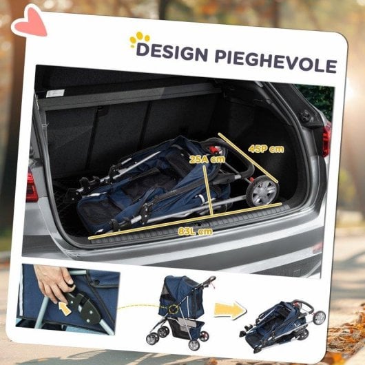 Passeggino per cani Aosom pieghevole con cestino Blu Scuro