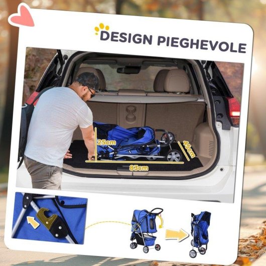 Aosom Passeggino per cani ripiegabile blu con freni, portabicchieri e cesto