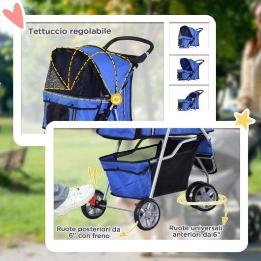 Aosom Passeggino per cani ripiegabile blu con freni, portabicchieri e cesto