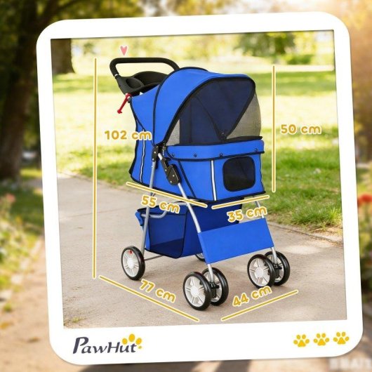 Passeggino per cani Aosom pieghevole con copertura antipioggia e cuscino lavabile blu