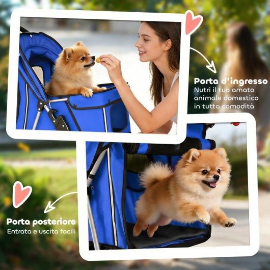 Passeggino per cani Aosom pieghevole con copertura antipioggia e cuscino lavabile blu