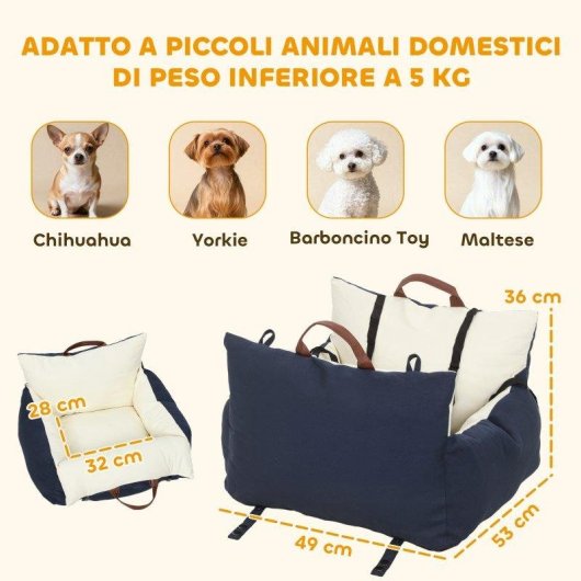 Seggiolino Auto per Cani Piccoli Aosom Guinzaglio di Sicurezza Rimovibile e Lavabile Blu
