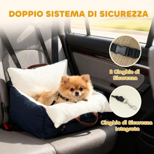 Seggiolino Auto per Cani Piccoli Aosom Guinzaglio di Sicurezza Rimovibile e Lavabile Blu