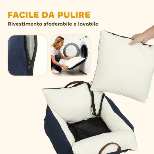 Seggiolino Auto per Cani Piccoli Aosom Guinzaglio di Sicurezza Rimovibile e Lavabile Blu