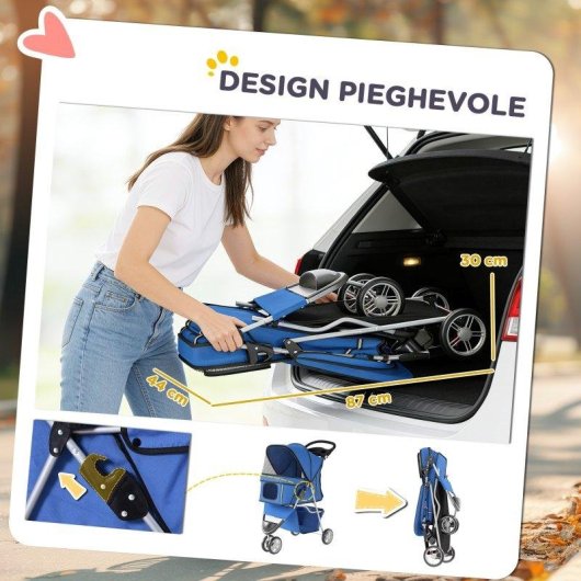Passeggino Per Cani Pieghevole Aosom Con Portabicchieri Cestino Blu