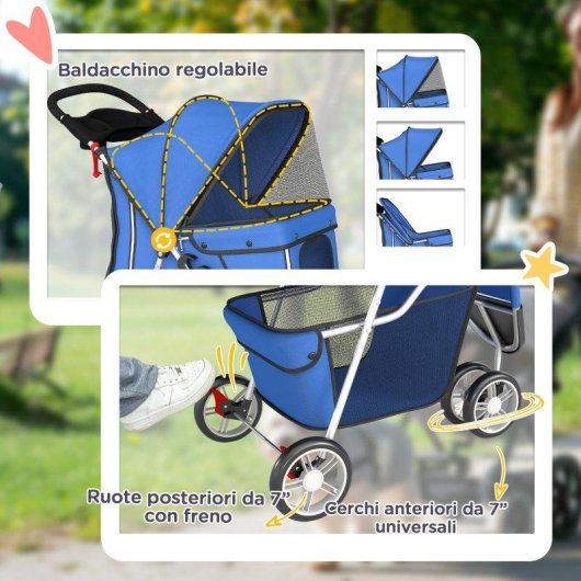 Passeggino Per Cani Pieghevole Aosom Con Portabicchieri Cestino Blu