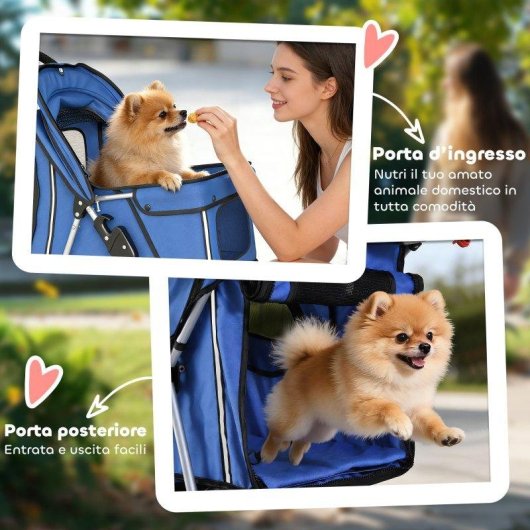 Passeggino Per Cani Pieghevole Aosom Con Portabicchieri Cestino Blu