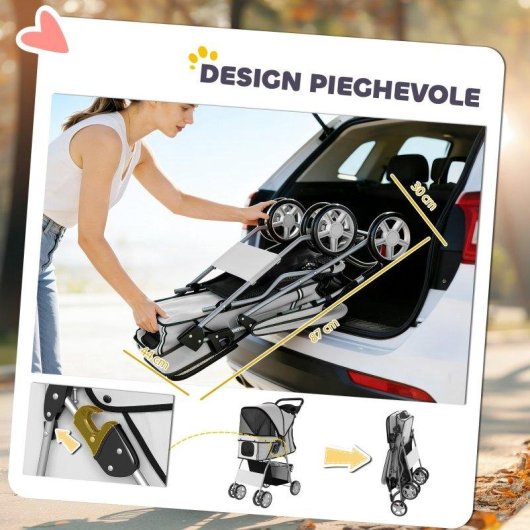 Passeggino per cani Aosom pieghevole con copertura antipioggia e cuscino lavabile Grigio