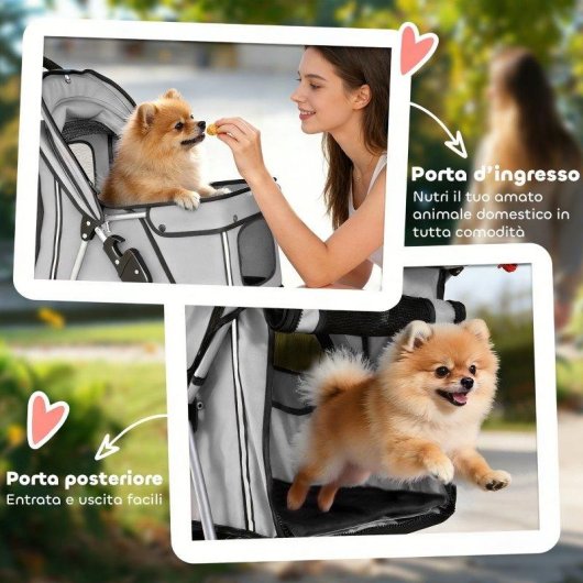 Passeggino per cani Aosom pieghevole con copertura antipioggia e cuscino lavabile Grigio