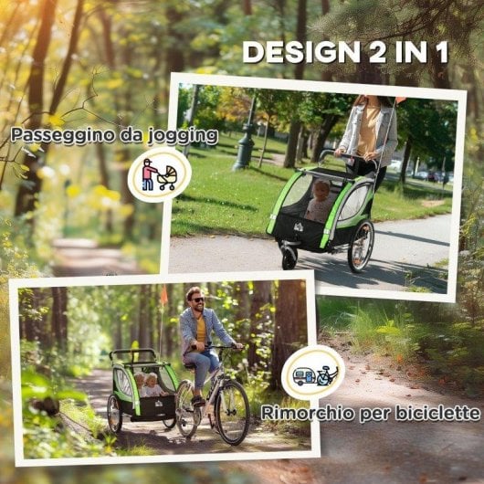 Rimorchio bici 2 in 1 Aosom Verde con cintura e tasche