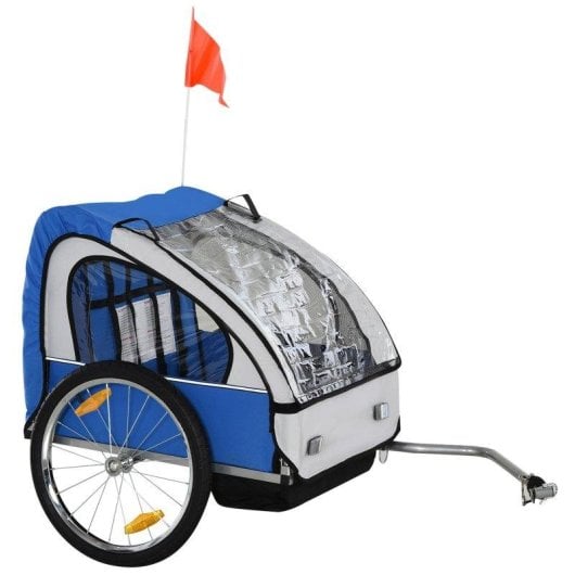 Rimorchio Bici Bambini Aosom 2 Posti Telaio Acciaio Blu Oxford