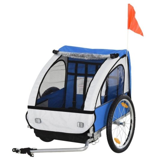 Rimorchio Bici Bambini Aosom 2 Posti Telaio Acciaio Blu Oxford