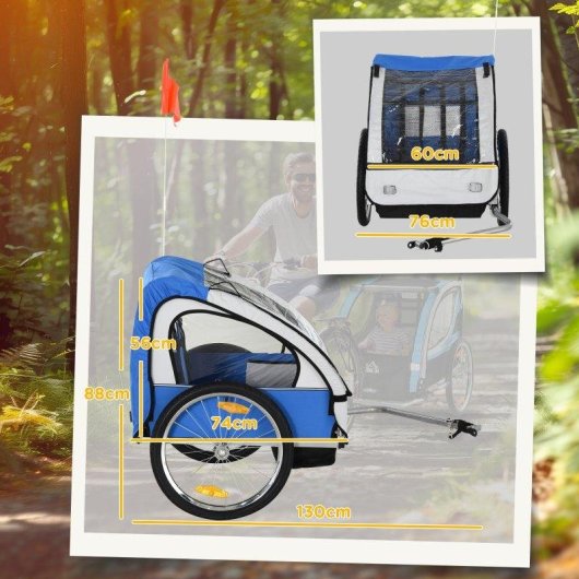 Rimorchio Bici Bambini Aosom 2 Posti Telaio Acciaio Blu Oxford