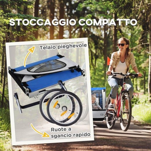 Rimorchio Bici Bambini Aosom 2 Posti Telaio Acciaio Blu Oxford