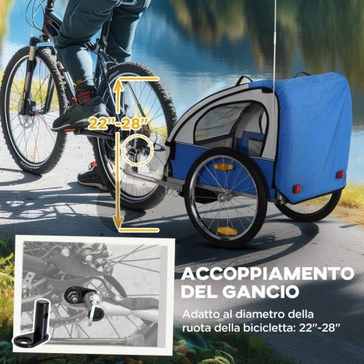 Rimorchio Bici Bambini Aosom 2 Posti Telaio Acciaio Blu Oxford
