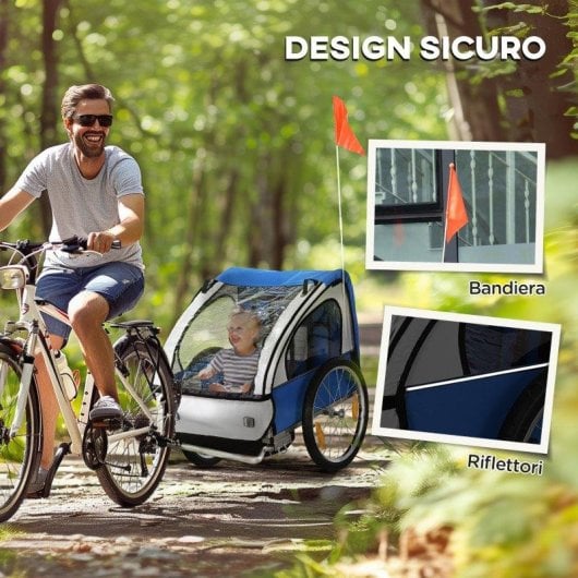 Rimorchio Bici Bambini Aosom 2 Posti Telaio Acciaio Blu Oxford