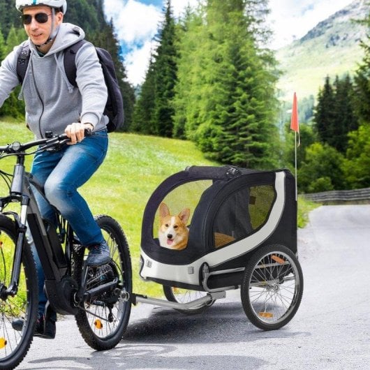 Rimorchio bici per cani Aosom 130x73x90 Bianco Nero Finestre bandierina