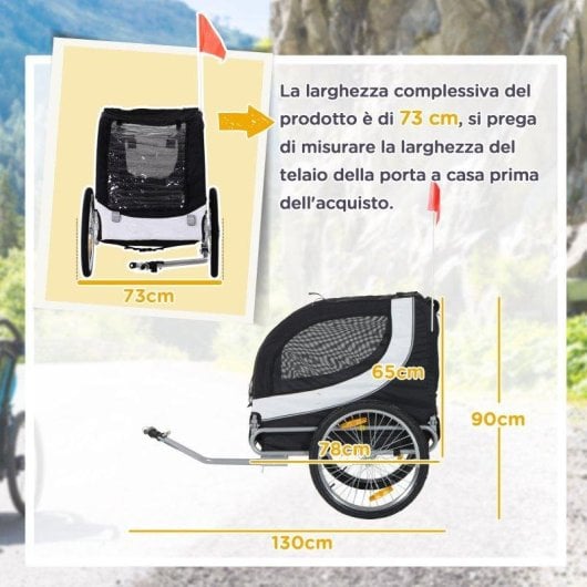 Rimorchio bici per cani Aosom 130x73x90 Bianco Nero Finestre bandierina