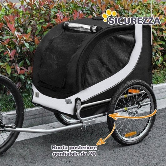 Rimorchio bici per cani Aosom 130x73x90 Bianco Nero Finestre bandierina