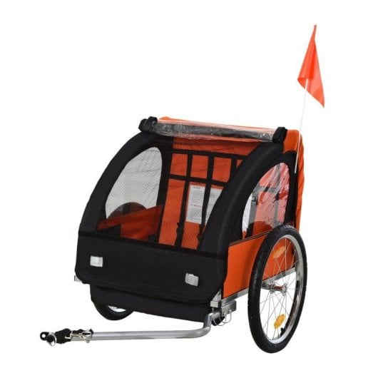 Rimorchio Bici Bambini Aosom 2 Posti Acciaio Oxford Arancione