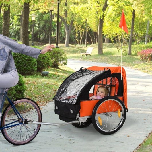 Rimorchio Bici Bambini Aosom 2 Posti Acciaio Oxford Arancione