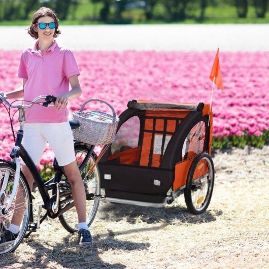 Rimorchio Bici Bambini Aosom 2 Posti Acciaio Oxford Arancione