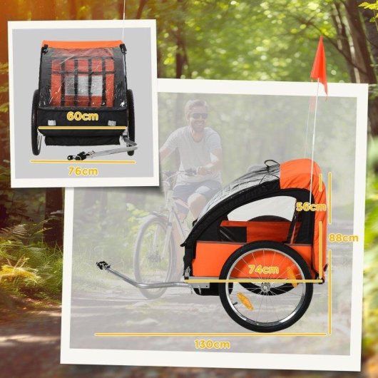 Rimorchio Bici Bambini Aosom 2 Posti Acciaio Oxford Arancione