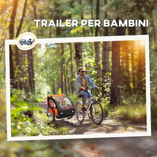 Rimorchio Bici Bambini Aosom 2 Posti Acciaio Oxford Arancione