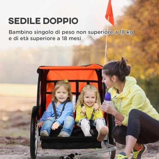 Rimorchio Bici Bambini Aosom 2 Posti Acciaio Oxford Arancione