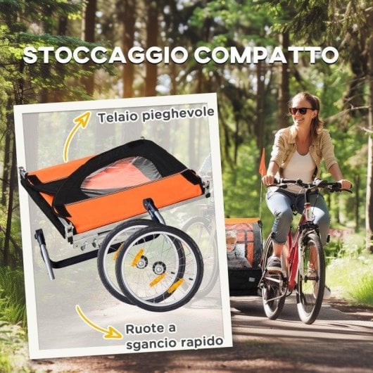 Rimorchio Bici Bambini Aosom 2 Posti Acciaio Oxford Arancione