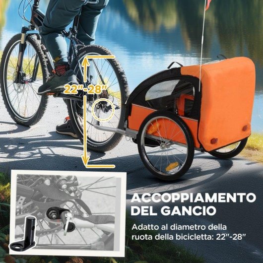 Rimorchio Bici Bambini Aosom 2 Posti Acciaio Oxford Arancione