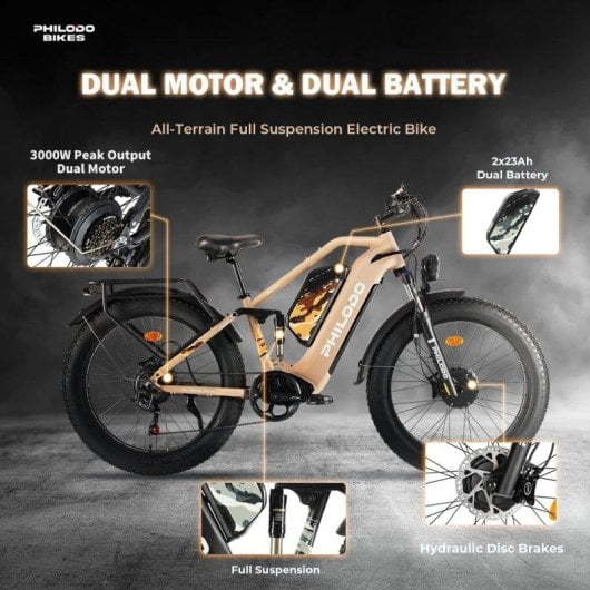 Bicicleta eléctrica Philodo Jumbo Doble Motor 1000W 48V 23Ah Todoterreno