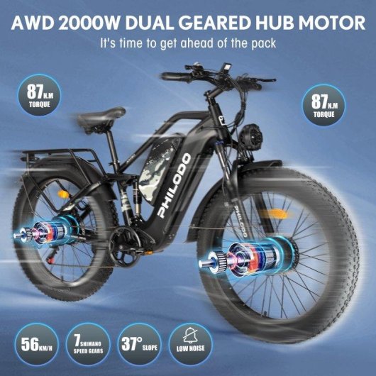 Bicicleta Eléctrica Philodo Jumbo Doble Motor 1000W Baterías Extraíbles 26"