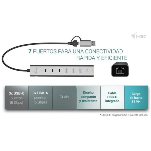 Hub i-tec 6 ports 5 Gbps USB-C/USB-A Gigabit LAN Power Delivery 85W