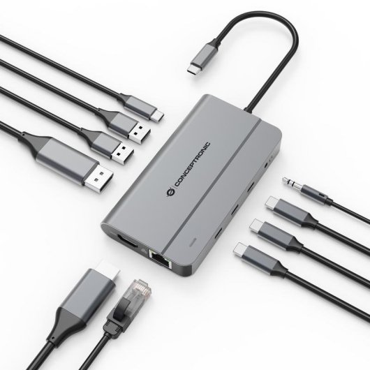 Adaptador Hub USB-C 10 en 1 Conceptronic USB 3.2 Gen 2 100W PD 8K