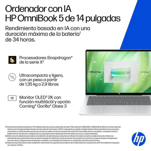 Portátil HP OmniBook 5 14-he0001nsx 14" Snapdragon X1-26-100 16GB 512GB SSD Adreno GPU Windows 11 Home