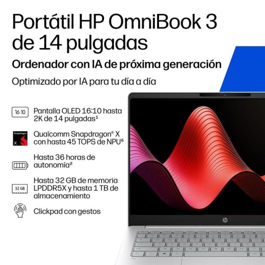 Portátil HP OmniBook 3 14-hz0010nsx 14" Snapdragon X1-26-100 16GB 1TB SSD Adreno GPU Windows 11 Home