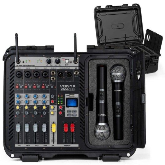 Mezclador de audio Vonyx VMA106 con amplificador 1200W y 2 micrófonos inalámbricos UHF