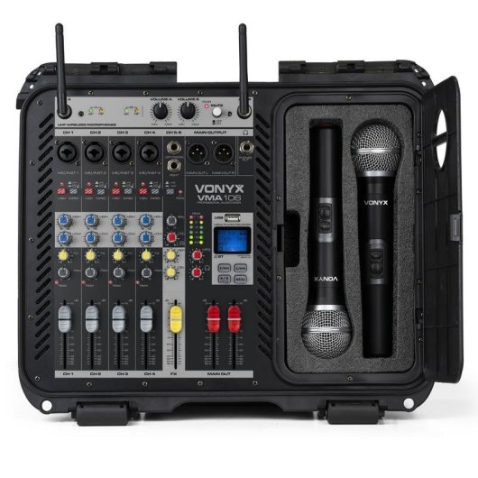 Mezclador de audio Vonyx VMA106 con amplificador 1200W y 2 micrófonos inalámbricos UHF