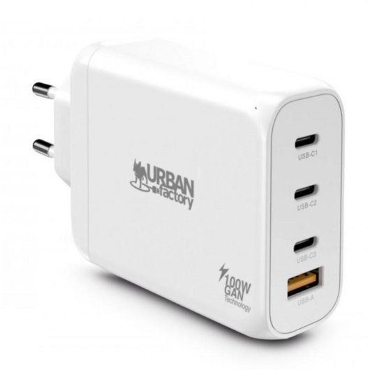 Cargador USB-C GaN 100W Urban Factory GPS14UF 4 Puertos Blanco