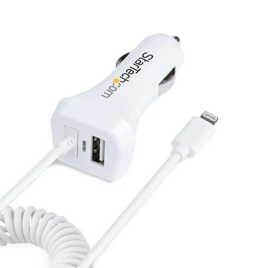 Cargador de coche StarTech.com con 2 puertos USB y cable Lightning rizado 1m