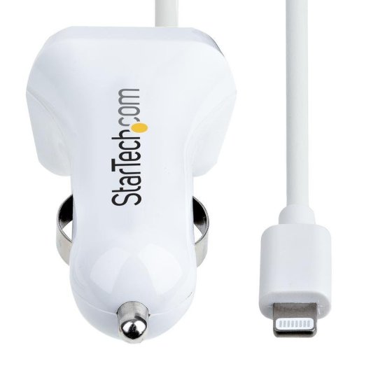 Cargador de coche StarTech.com con 2 puertos USB y cable Lightning rizado 1m