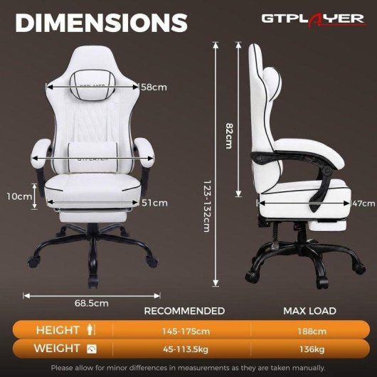 Sedia Gaming GTPLAYER Regolabile Bianca 150kg Supporto Lombare