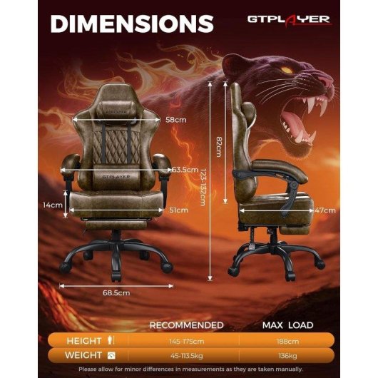 Silla Gaming GTPLAYER Ajustable Reposapiés Soporte Lumbar 150 kg Marrón Retro