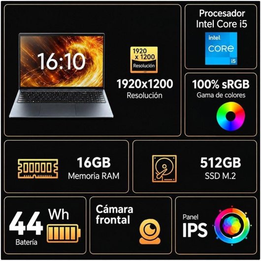 Portátil FUNYET 16" Intel Core i5-8210Y 16GB 512GB SSD Windows 11 Pro