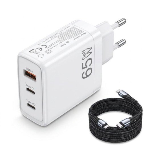 Carregador GaN 65W Dam Electronics 3 portas USB-C USB-A Cabo 2m