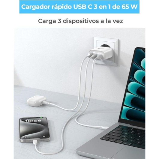 Carregador GaN 65W Dam Electronics 3 portas USB-C USB-A Cabo 2m